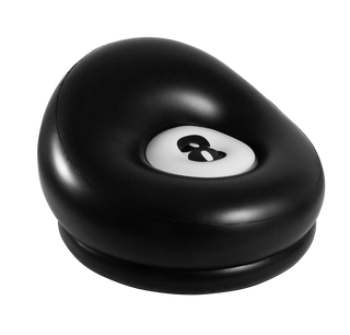 The Pool Candy 8-Ball Black & White Inflatable Chair is a black, bean-shaped chair with a striking white panel on the front displaying a black number 8, designed to resemble a Magic 8-Ball. It features a glossy, smooth texture and is both portable and versatile, making it perfect for any space.