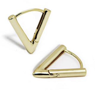 Introducing the Achieve Triangle Huggie Earrings by Sonia Hou Jewelry, crafted in a sleek gold finish. These earrings, designed as angled triangles, feature a minimalist style where one side forms a smooth arc connecting the triangular corners. These elegant pieces serve as a motivational reminder to embrace change with style and confidence.