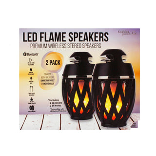 A product image displays a package of Bluetooth LED Flame Speakers (2-Pack) from Gabba Goods. The box highlights key features including Bluetooth Flame Speaker capabilities, TWS Connectivity for true wireless stereo, and the inclusion of two ground stakes and poles.