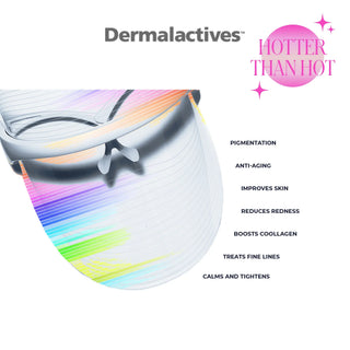 A Dermalactives face shield with a rainbow hue on the lower part. Text includes "Pigmentation", "Anti-aging", "Improves skin", "Reduces redness", "Boosts collagen", "Treats fine lines", "Calms and tightens". Logo and "Hotter Than Hot" text present.