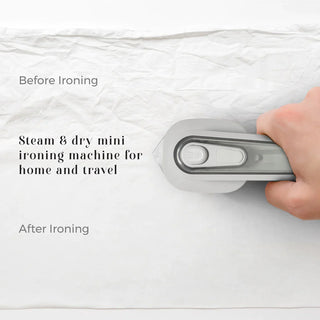 A hand holding the Pursonic Portable Electric Travel Iron with its compact design is shown ironing a wrinkled white cloth. On the left side of the image, the text "Before Ironing" points to the wrinkled area, while "After Ironing" highlights the smooth, ironed section. This device boasts quick heat-up and global voltage compatibility.