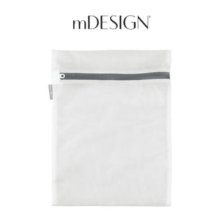 A white mesh Laundry & Travel Storage Zipper Bag (3-Pack) with a gray zipper at the top, designed for delicate protection. The logo "M Design" is printed above the bag, making it perfect for travel storage.
