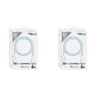 Two packages of 6' Apple Certified Lightning to USB Cables (2-Pack) by the brand Gabba Goods. The packaging displays the product name, cable length, and compatibility icons. The Apple Certified cables are visible through a transparent window on packaging with a striped background.
