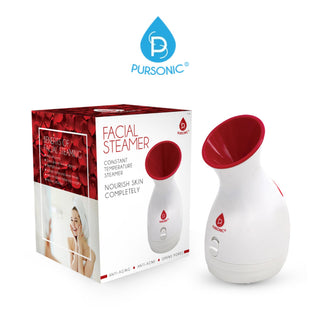 A Pursonic Pore Purifying Facial Steamer, in white and red, sits next to its packaging box. The box features an image of the product along with a smiling woman using the steamer. Text on the packaging highlights benefits such as "Anti-Acne," "Opening Pores," and "Blackheads." The Pursonic logo is prominently displayed at the top.