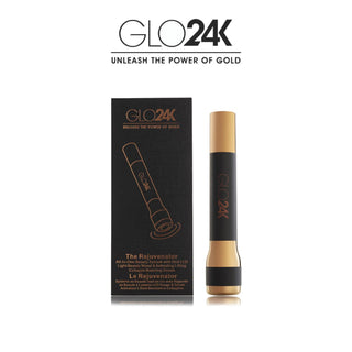 A black and gold GLO24K "The Rejuvenator" Anti-Aging System device stands next to its matching black box packaging. The text on the box reads "The Rejuvenator: Anti-Aging System w/ Red LED Light Therapy Benefits, Vibration Benefits, Heat Benefits, and Advanced 24K Gold Benefits.