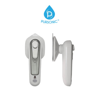 A sleek and compact white, wall-mounted automatic soap dispenser in vertical and side views. It features a clear window to show soap levels, a front push button, and prominently displays the Pursonic brand logo, resembling a water droplet with a "P" inside, above the dispenser.
