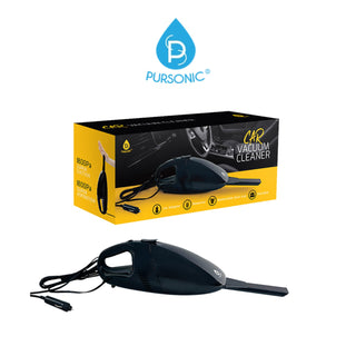 Image of a Pursonic Handheld Car Vacuum Cleaner (with Adapter Included). The product packaging, primarily in yellow and black, showcases the compact vacuum cleaner. In front, the actual black vacuum cleaner with its cord and nozzle attachment is displayed, boasting a washable reusable filter and 1800PA super suction. The Pursonic logo is placed above the packaging.