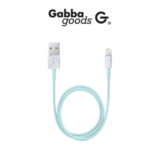 A 6-foot Apple Certified Lightning to USB Cable in a turquoise and white striped pattern is coiled in a circular shape under the Gabba Goods logo, which features black text and an encircled "G" symbol. The product comes as part of a 2-pack set.