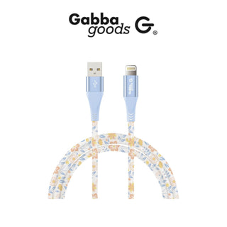 A 10' Lightning Sync & Charge Cable by Gabba Goods, featuring a floral pattern with pastel blue, yellow, and orange flowers, is shown. The connectors are blue and display the Gabba Goods logo. This MFi Certified cable ensures safe charging with its original chip. The brand name "Gabba Goods" along with the logo "Gabba goods G" are displayed above the cable.
