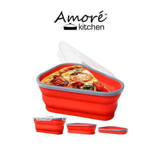 A collapsible and reusable pizza storage container from Amoré Kitchen, made of food-grade red silicone with a transparent lid, partially filled with a slice of pizza. Below are three additional views showing the container in various collapsed states.