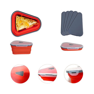 The Amoré Kitchen Collapsible & Reusable Pizza Storage Container in red food-grade silicone with grey lids is shown holding a slice of pizza in one image. Additional images demonstrate the container collapsed, its lid closure, and stacking capabilities, highlighting it as an ideal solution for collapsible pizza storage.