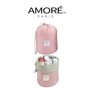 An image of a pink Waterproof Makeup Organizer Travel Bag (2-Pack) by Amore Paris. The top image shows the travel makeup bag closed, while the bottom image displays it open, filled with various toiletries such as bottles and jars. The bag has a light gray inner lining.