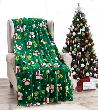 Green Snowman Microplush Throw Blanket