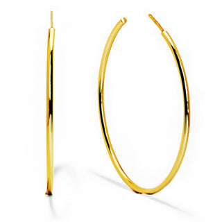 A pair of sleek, thin gold hoop earrings from Sonia Hou Jewelry’s Perfect Hoop Earrings collection is shown against a white background. One hoop is displayed vertically while the other is positioned horizontally, highlighting the simple and elegant design of these quality-crafted earrings.