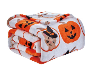 Ultra Soft Microplush Throw Blanket with Pumpkin and Witch Cat