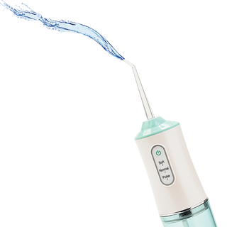 The "Deep Clean" Water Flosser (USB Rechargeable) by Pursonic sprays a stream of water, perfect for maintaining dental bridges. The sleek device boasts a white and mint green color scheme, with three buttons labeled "Soft," "Normal," and "Pulse" for different settings. Its partially visible blue water tank completes the design.