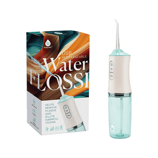 The "Deep Clean" Water Flosser (USB Rechargeable) from Pursonic, ideal for individuals with dental bridges, is shown next to its packaging. The device features a teal water reservoir and a beige handle. The box's vibrant design emphasizes that the product aids in plaque removal and diluting harmful toxins.